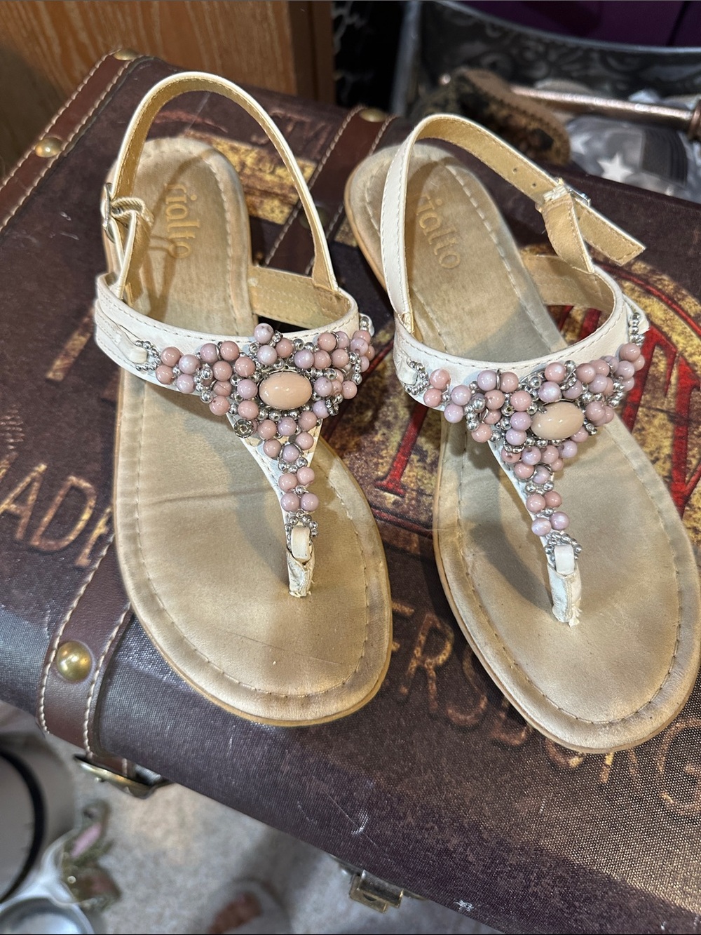 Woman's Embellished Beige Pink Beaded T-Strap Sandals